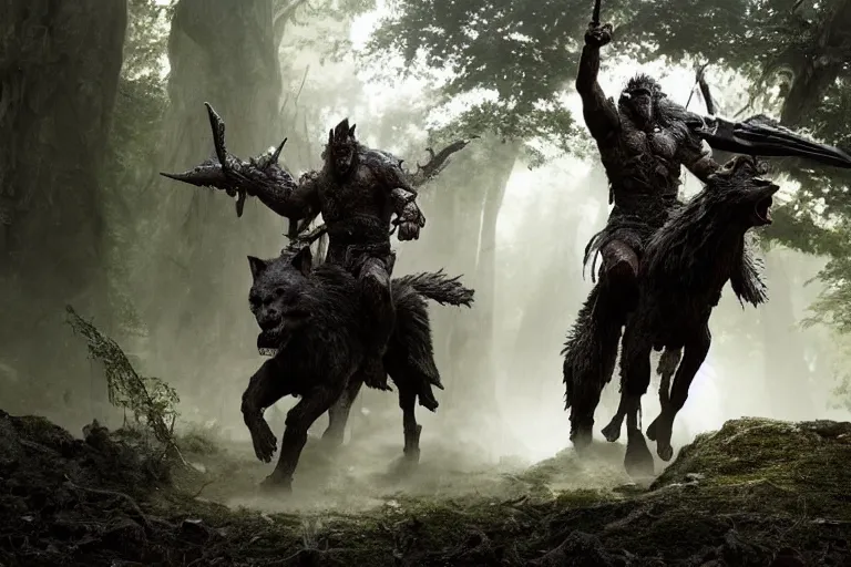 Image similar to vfx movie closeup detailed ancient armored warrior orc hunting riding large wolf in the forest, natural lighting by emmanuel lubezki