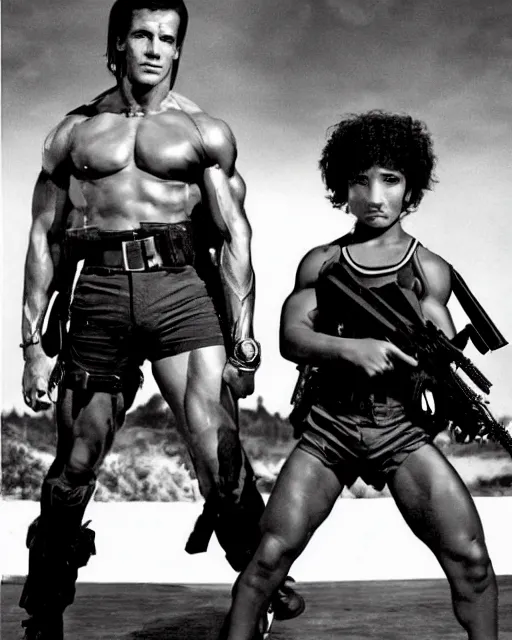 Image similar to young arnold photoshoot of commando versus rambi. young arnold schwarzenegger as matrix, from commando and young sylvester stallone as rambo, photoshoot in the style of annie leibovitz,