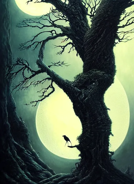 Prompt: side portrait dark crow on tree in front of the full big moon, fine art, awesome fantasy book cover on Pinterest, award winning, fantasy forest landscape, fantasy magic, dark golden light night, intricate, elegant, sharp focus, illustration, highly detailed, digital painting, concept art, matte, art by WLOP and Artgerm and Greg Rutkowski, masterpiece, trending on artstation