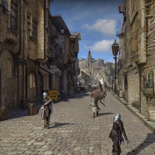 Prompt: detailed medieval fantasy streets with people walking around, unreal engine 5 rendered, incredibly highly detailed and realistic, 8 k, sharp focus, studio quality