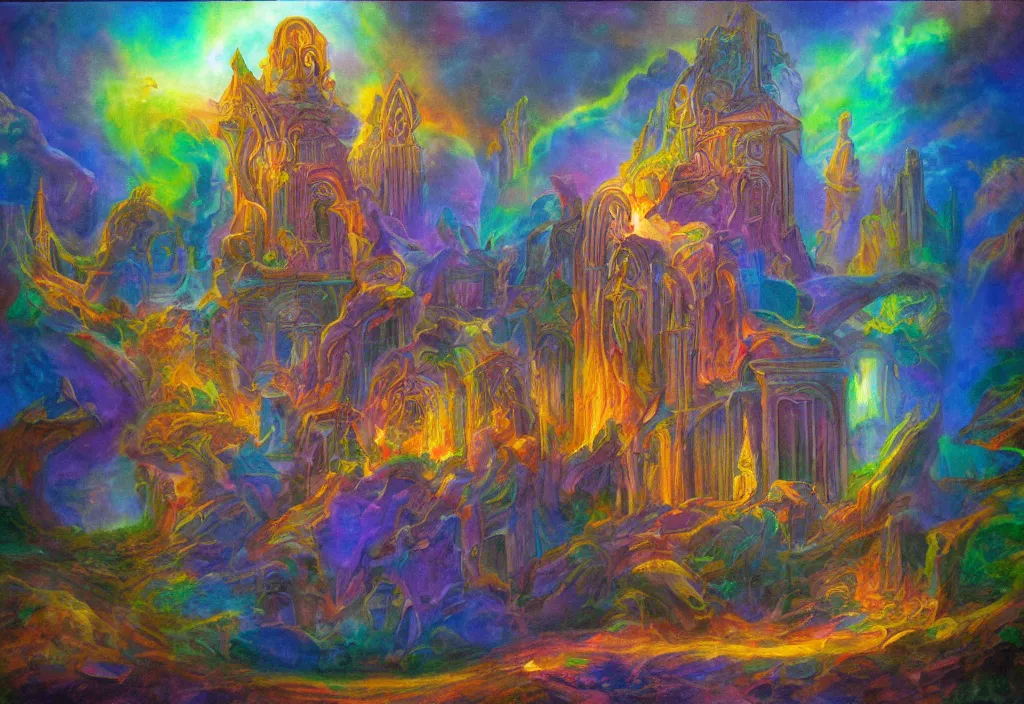 Image similar to iridescent temple of sleep advanced architecture dreamer mythos phantasms, award winning oil painting, polychromatic spectrum