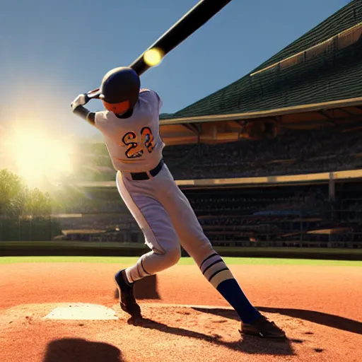 Prompt: a boy hitting a homerun in a baseball game on an idyllic beautiful summer day. Close up. Asian boy with black hair and green eyes. Lens flare. Golden hour. Craig Mullins Makoto shinkai.