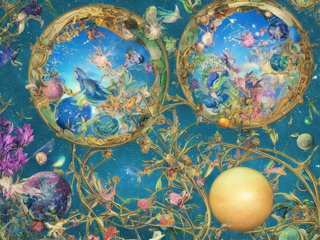 Image similar to The universe is a spheroid region 705 meters in diameter, 3d render, Sunlight Study, by Maria Sibylla Merian!!! and ((((Lisa Frank)))), Art Nouveau, 8k, extreme detail, sharp focus, octane render