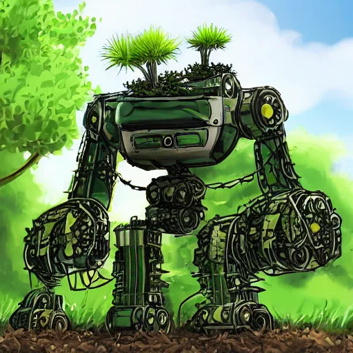 Image similar to over grown mech robot being consumed by plants and the earth