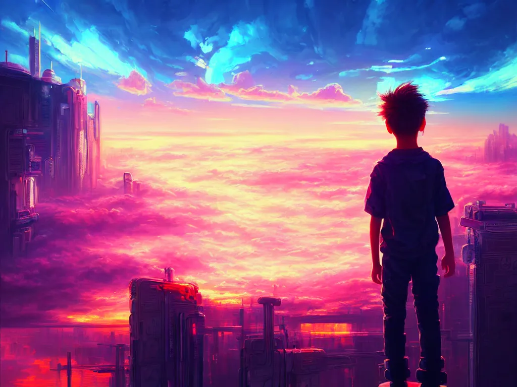 Image similar to a painting of a boy on top of a building watching a colorful sunrise futuristic city surrounded by clouds, cyberpunk art by yoshitaka amano and alena aenami, cg society contest winner, retrofuturism, matte painting, apocalypse landscape, cityscape