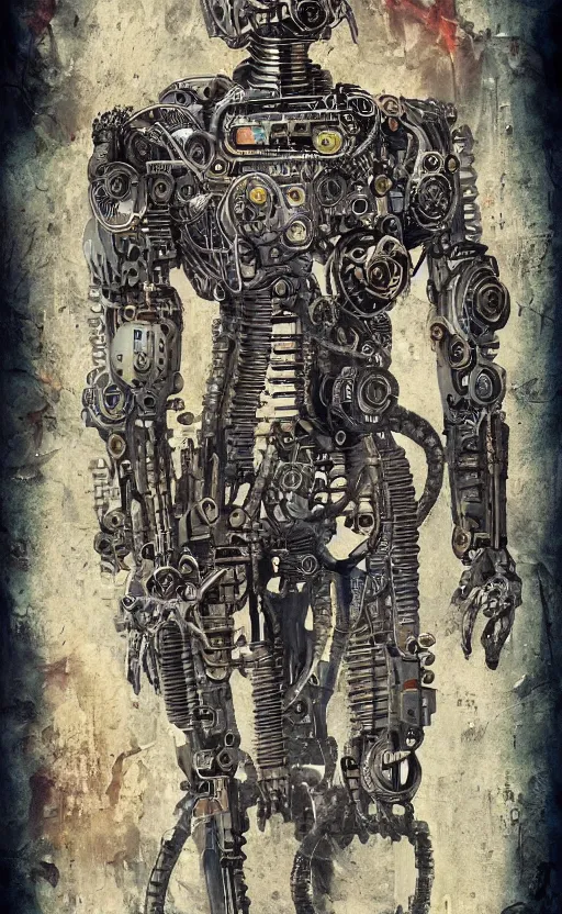 Image similar to anatomy of the terminator, robot, cyborg, t 1 0 0, steampunk, bloodborne diagrams, mystical, intricate ornamental tower floral flourishes, rule of thirds, technology meets fantasy, map, infographic, concept art, art station, style of wes anderson