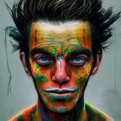 Prompt: a man with painted face and body art, a character portrait by sam spratt, featured on cgsociety, psychedelic art, detailed painting, behance hd, apocalypse art