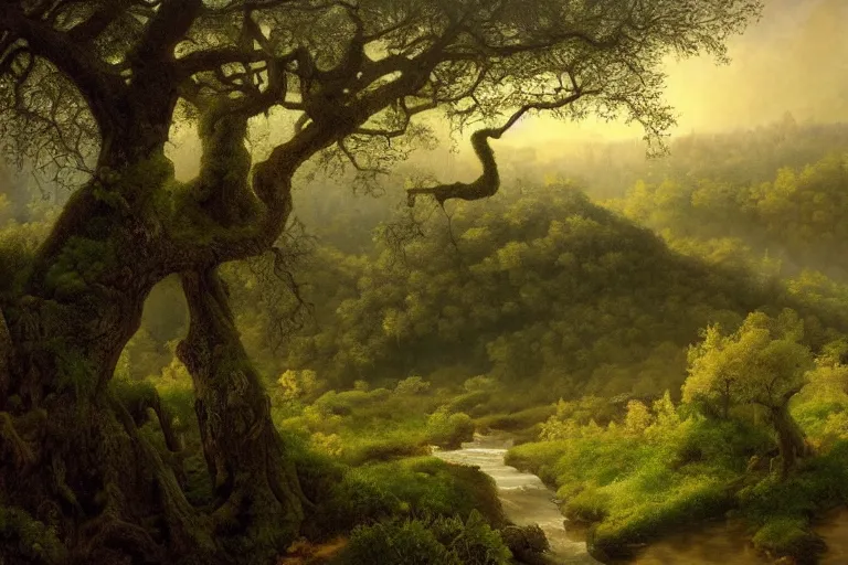 Image similar to masterpiece painting of oak trees on a hillside overlooking a creek, dramatic lighting, by andreas franke