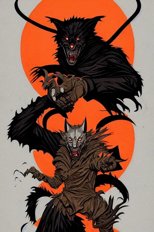 Image similar to concept art design illustration, halloween, werewolf, vampire, hunter, 1 6 colors, logo, ink drawing, art by jc leyendecker and sachin teng