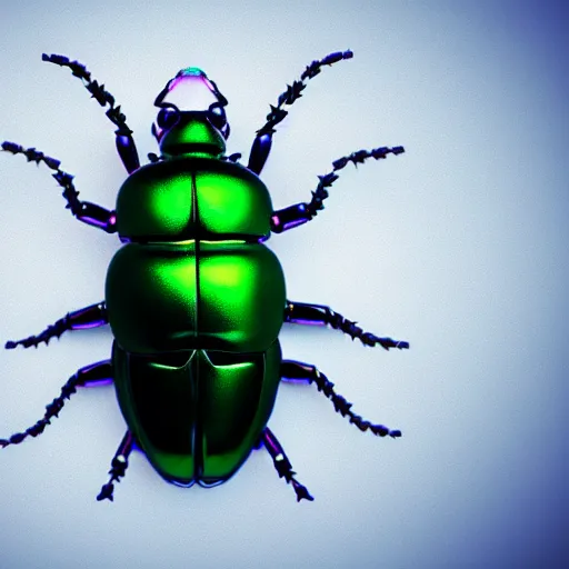 Image similar to iridescent metal cyber beetle. white background. macro