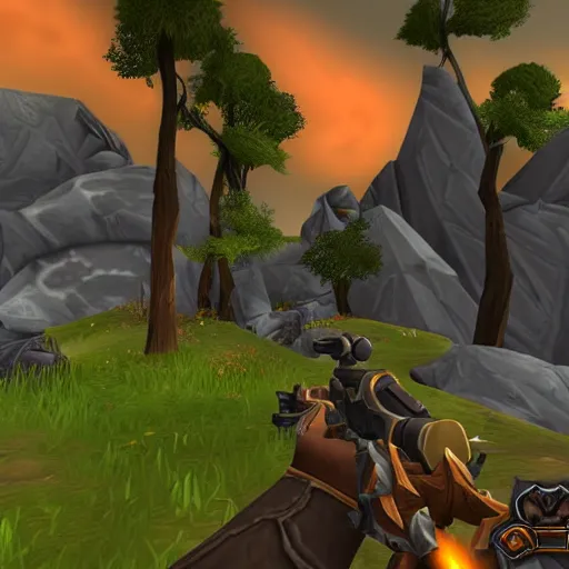 Prompt: world of warcraft re - imagined as a first person shooter. holding a rifle with a scope