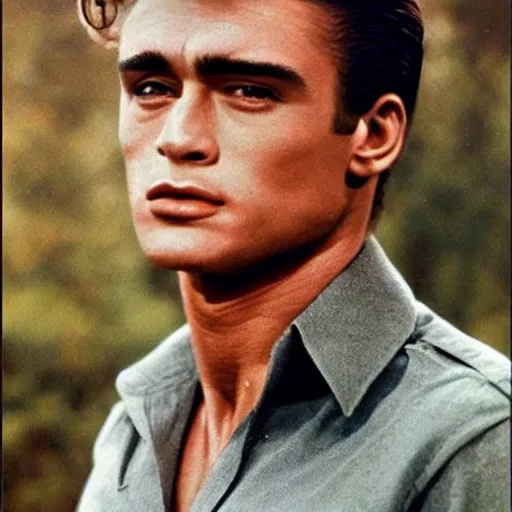 Prompt: genetic combination of james dean, elvis presley, sean connery, and frankenstein's monster. handsome man, prominent cheekbones, deep dimples, strong jaw, striking, hunk. face and upper body focus.