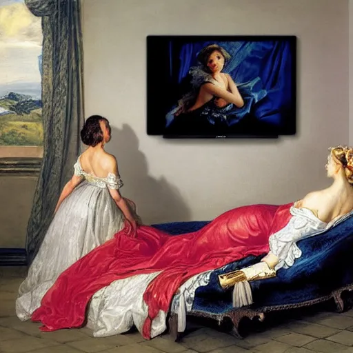 Image similar to heavenly summer sharp land sphere scallop well dressed lady watching netflix on a tv, auslese, by peter paul rubens and eugene delacroix and karol bak, hyperrealism, digital illustration, fauvist, watching netflix on a tv