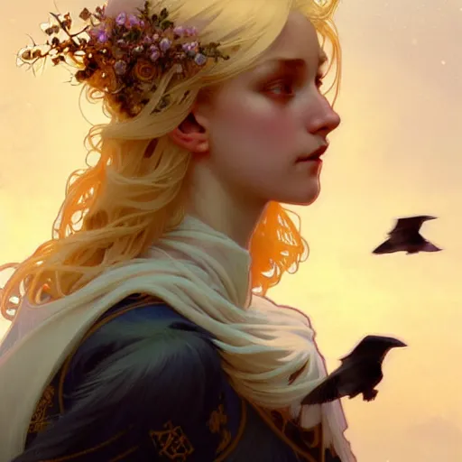 Prompt: An angelic girl with blonde hair and glowing halo surrounded by crows, fantasy, intricate, elegant, highly detailed, digital painting, artstation, concept art, smooth, sharp focus, illustration, art by Krenz Cushart and Artem Demura and alphonse mucha