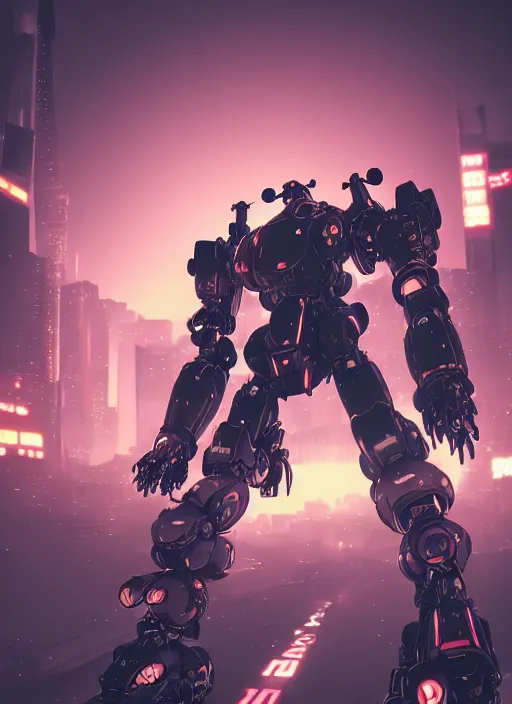 Image similar to intricate digital artwork of a giant japanese anime mecha by by nuthin'but mech, by kallamity sketchbook, inspired by nier : automata, neon city background, octane render, cgstation, 4 k resolution