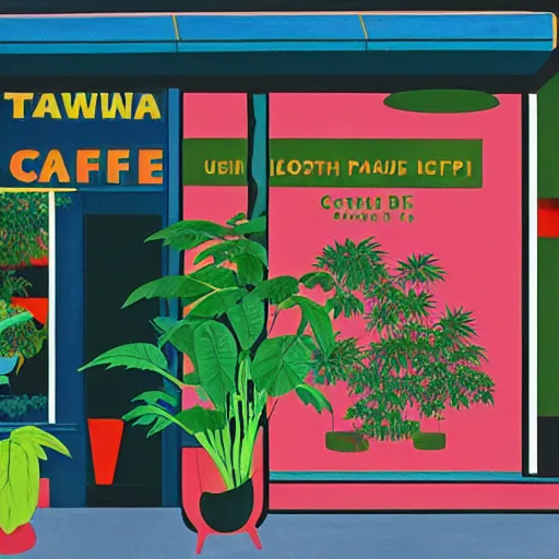 Image similar to taiwanese style cafe australian, decorated with cannabis pot plants 🪴 utopia frontage, pop art poster, beautiful colors pastel palette by will barnet