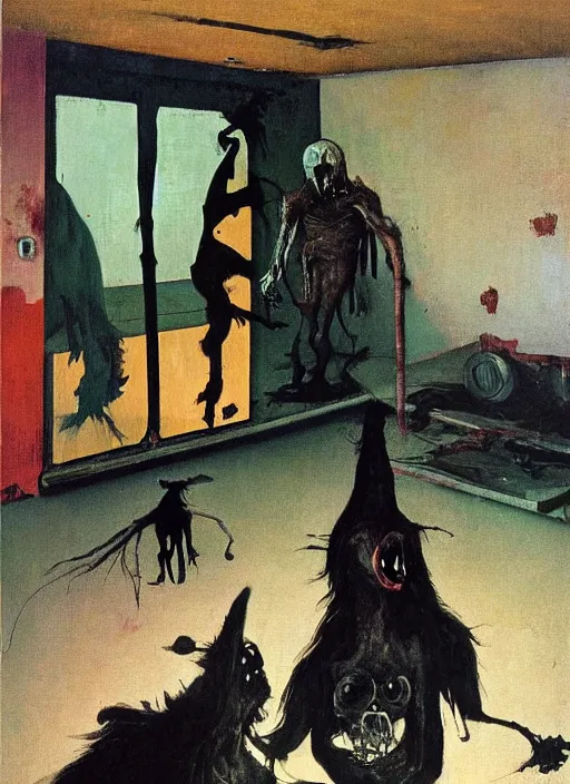 Image similar to two dark figures laughing and a black dog inside a decayed contemporary living room with large oxygen tank in the style of Francis Bacon and Zdzislaw Beksinski, Edward Hopper and Norman Rockwell, highly detailed, very coherent, triadic color scheme