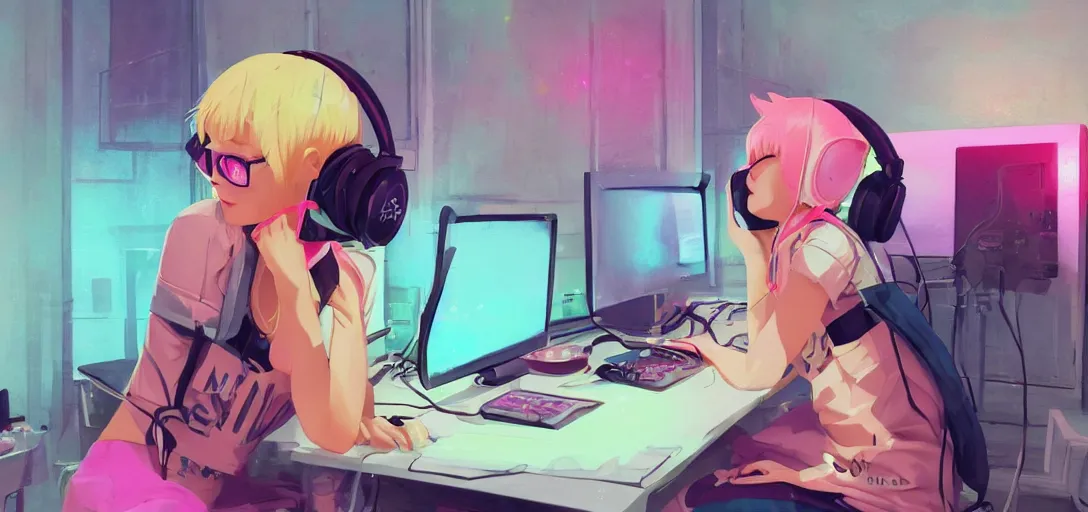 Image similar to a blond woman, pink cat-ear-headphones, sitting in front of computer, gamer, computer nerd, cute room, neon lights, gamer aesthetic, lofi vibes, strong crisp lineart and flat color, by ilya kuvshinov, krenz cushart, Greg Rutkowski, trending on artstation