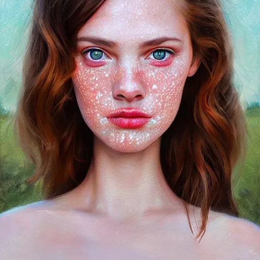 Image similar to Facial portrait of a pretty cottagecore girl, looking at the camera, slight awkward smile, lips slightly parted, some light freckles, no hands visible, extremely detailed painting by Greg Rutkowski and by Steve Henderson and by Harumi Hironaka