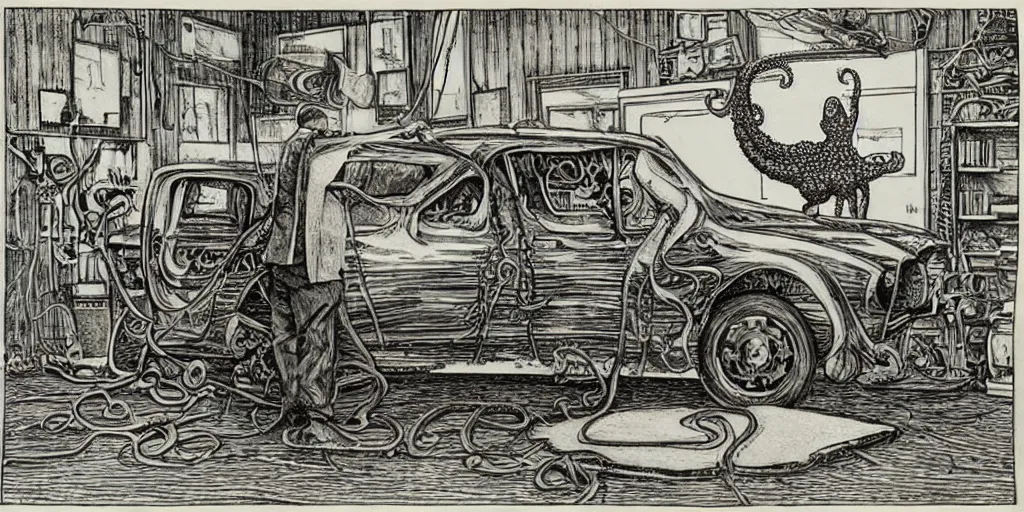 Image similar to a realistic octopus in a car repair shop, engraving, ink, edward gorey