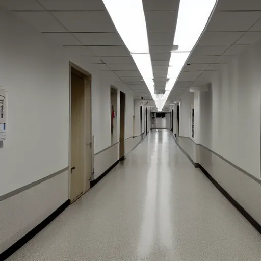 Image similar to liminal space of a hospital, long hallway, exit sign at the end, white walls, white tiles