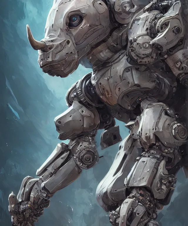 Prompt: an anthropomorphic rhinoceros portrait wearing a sci fi armor, surrealism , scifi, intricate mecha armor, elegant, highly detailed cybernetic body armor, neon glowing eyes, digital painting, artstation, concept art, smooth, sharp focus, illustration, art by Artgerm and moebius and Peter Mohrbacher,