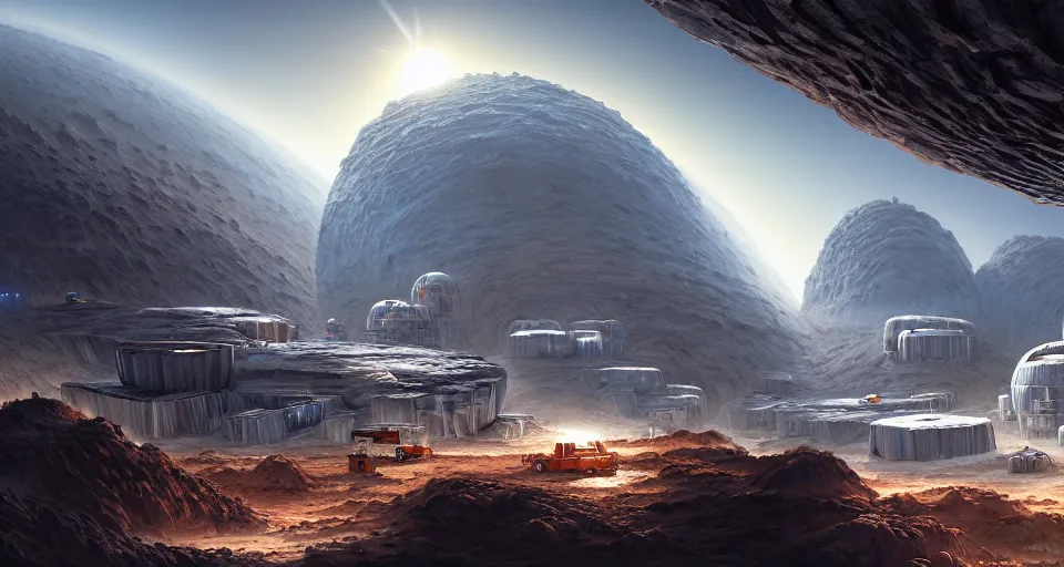 Prompt: a highly detailed digital matte painting of a high-tech mining colony and quarry on the surface of an asteroid in space, by Raphael Lacoste and Stephan Martiniere and Peter Mohrbacher and Robert McCall, volumetric lighting, hyperdetailed, octane render, 8k H- 640