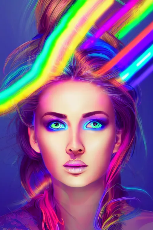 Image similar to a award winning half body portrait of a beautiful woman with stunning eyes in a croptop and cargo pants with rainbow colored ombre hairstyle head in motion and hair flying by thomas danthony, outlined by whirling illuminated neon lines, outrun, vaporware, shaded flat illustration, digital art, trending on artstation, highly detailed, fine detail, intricate