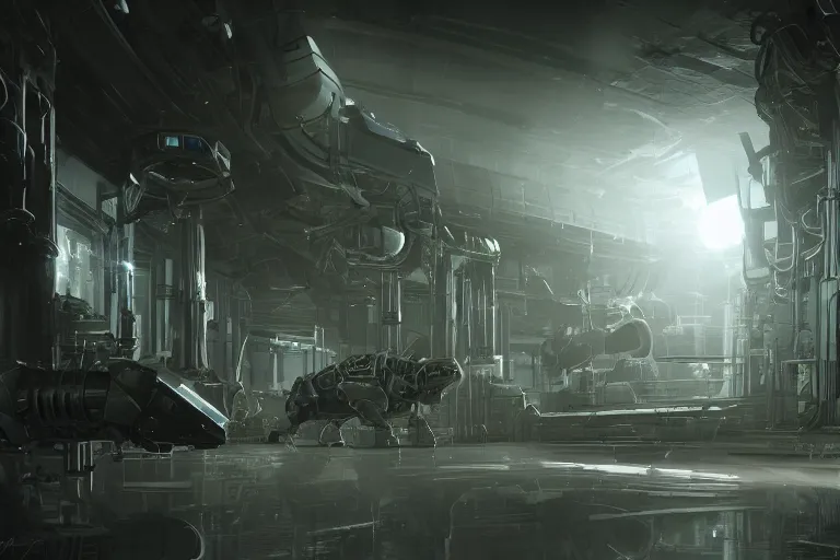 Image similar to robosaurus parallax datacenter server room interior single mono colossus white rusty robot sitting artstation cinematic detailed concept art volumetric light sharp coherent cgsociety symmetric perfect well balanced shadows lotr servers