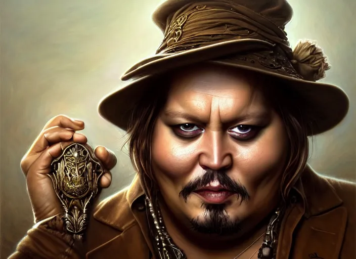 Image similar to wideangle!! portrait shot of fat johnny depp, intricate, elegant, highly detailed, centered, digital painting, artstation, concept art, smooth, sharp focus, illustration, artgerm, tomasz alen kopera, peter mohrbacher, donato giancola, joseph christian leyendecker, wlop, boris vallejo