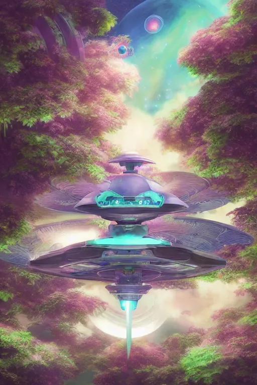 Image similar to multi level spaceship botanical garden in space, by artgerm, tom bagshaw, gerald brom, vaporwave colors, vaporwave, rendered by substance designer, cel shading, toon shading, smooth,