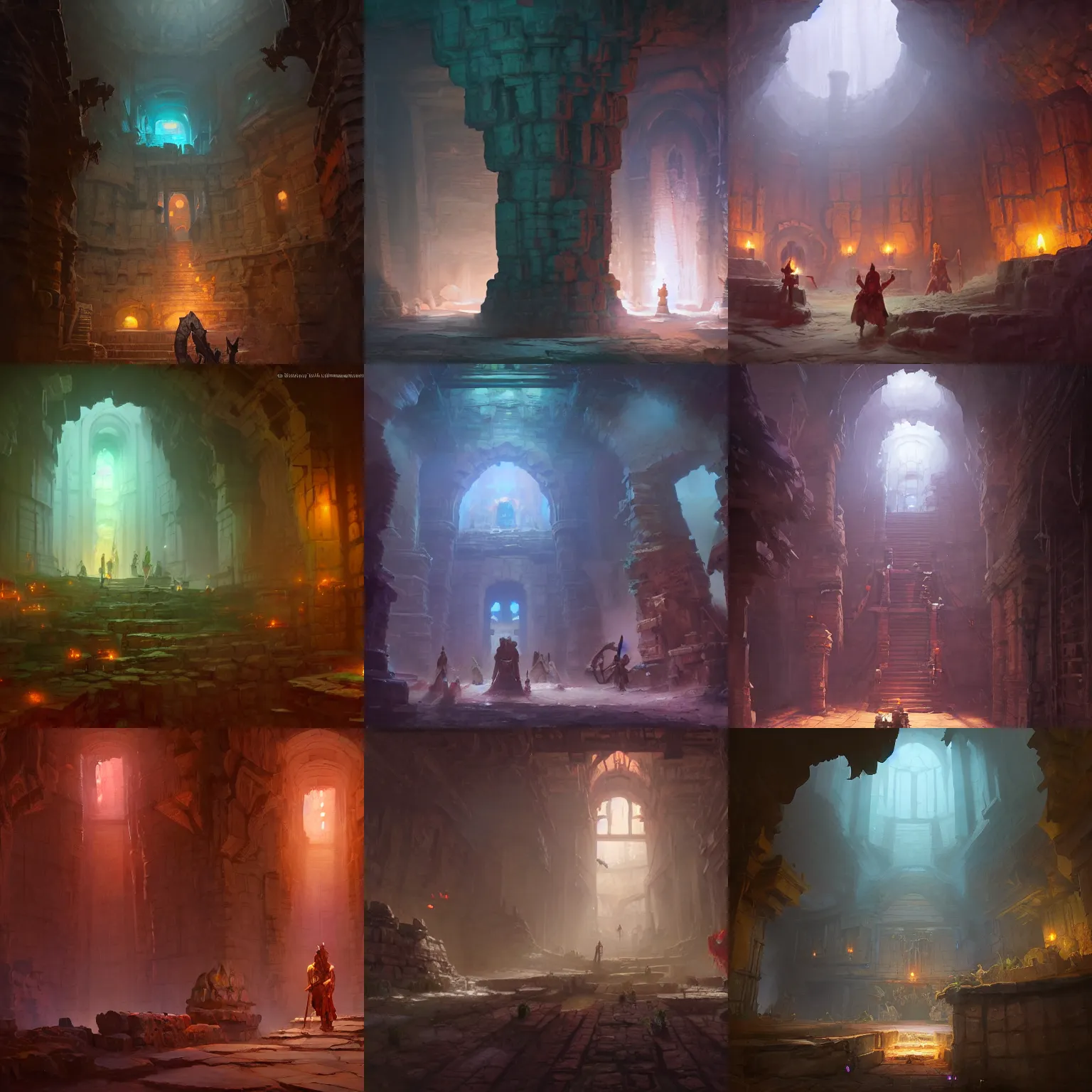 Prompt: key shot of ancient underground dungeon, gloomhaven, organic painting, hard edges, luminescent, octane render, by greg manchess, huang guangjian, greg rutkowski, jesper ejsing, rhads, cushart krenz, anton fadeev