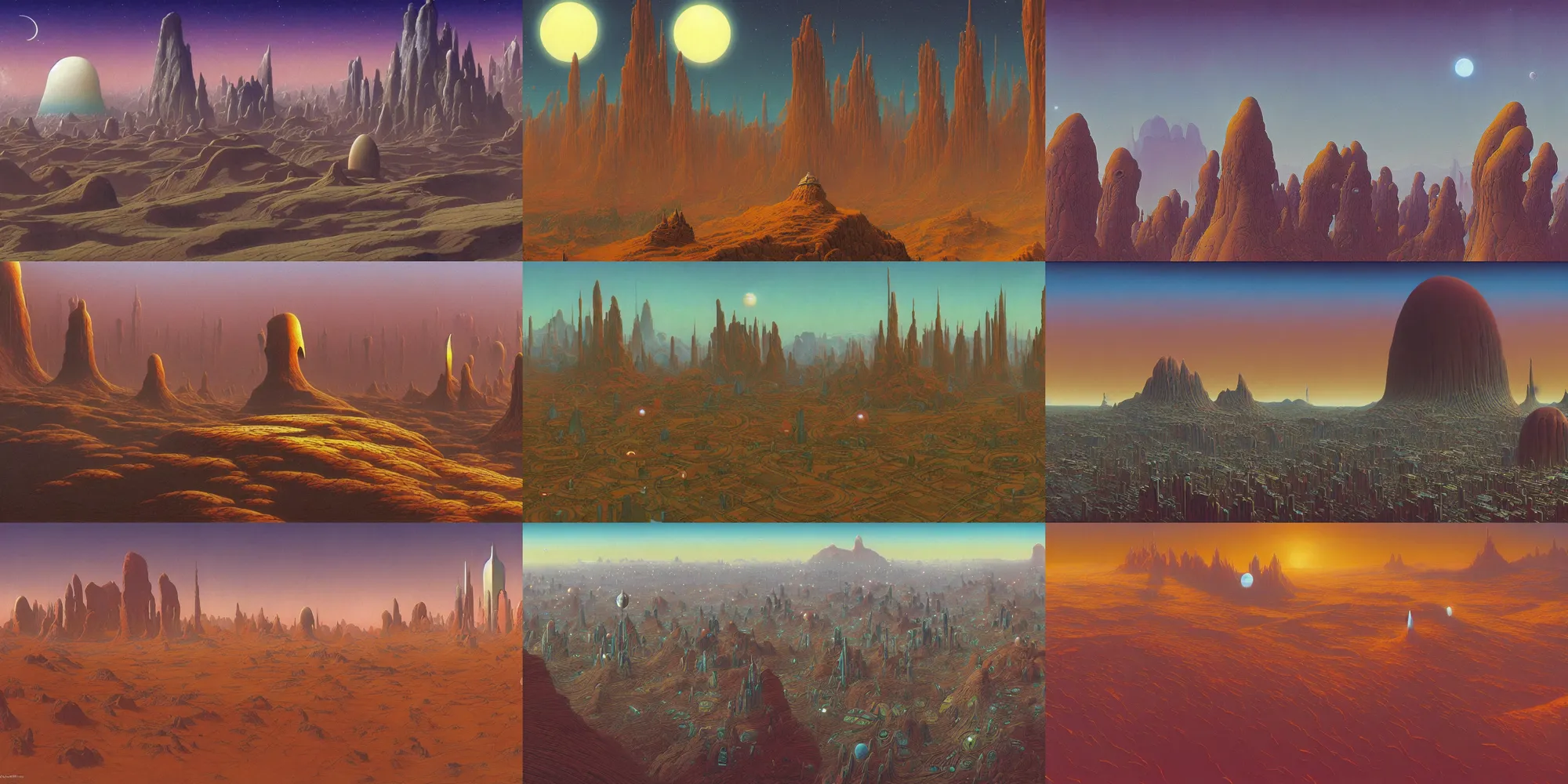 Prompt: cloisonnism view of alien metropolis on a planet in no mans sky a masterpiece, moebius, bekskinski