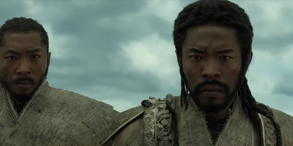 Image similar to a film still of a black man starring in a japanese blockbuster film as an ancient samurai, shallow depth of field, cinematic, award winning cgi, vfx, film still