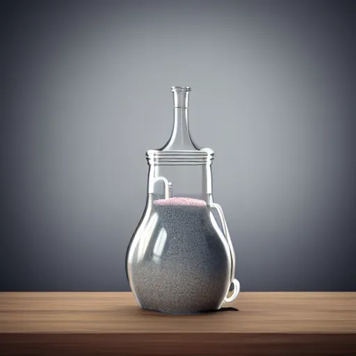 Prompt: cute gray cat as a liquid in a fantasy potion bottle on a rustic tabletop, pixar, 3 d render, blurred background