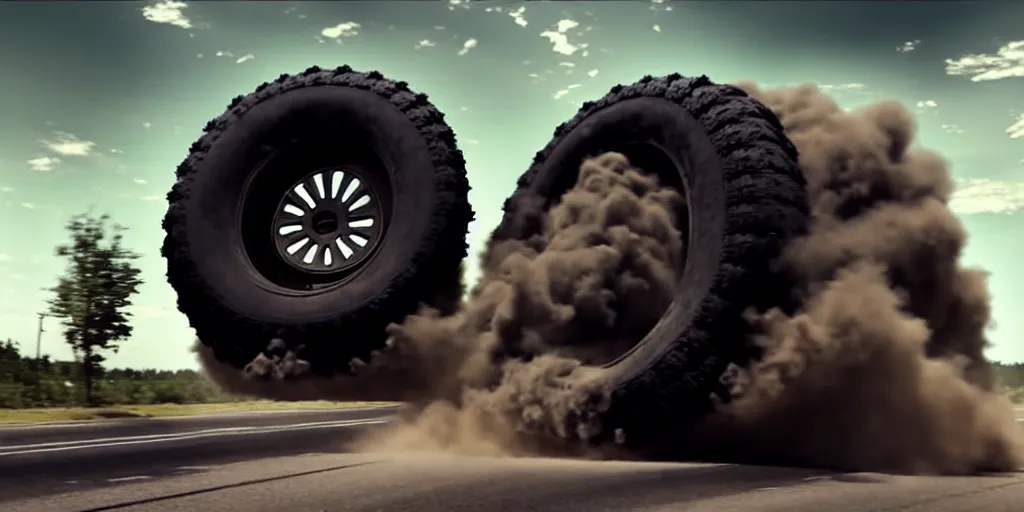Prompt: A huge truck tire monster is rolling down the village destroying everything on its way. Dramatic, cinematic shot