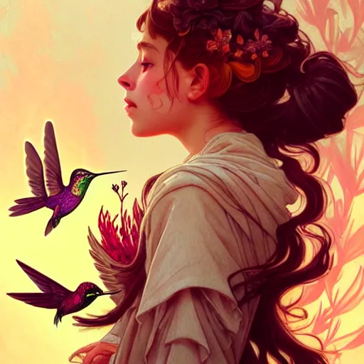 Image similar to Portrait of a girl exhaling smoke being surrounded by hummingbirds, face, fantasy, intricate, elegant, highly detailed, digital painting, artstation, concept art, smooth, sharp focus, illustration, art by Fernanda Suarez and Artem Demura and alphonse mucha