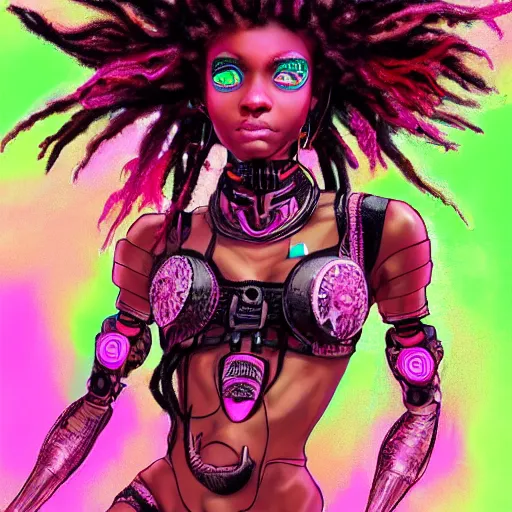 Prompt: a very beautiful black women dressed as pink ninja with highly detailed and intricate cybernetic eyes and colorful dreadlocks, by android jones and greg rutkowski, Trending on artstation, hyperrealism, elegant, stylized, highly detailed digital art, 8k resolution, hd, global illumination, radiant light, detailed and intricate cyberpunk ghetto environment, rendered in octane, oil on canvas, wide angle, dynamic portrait