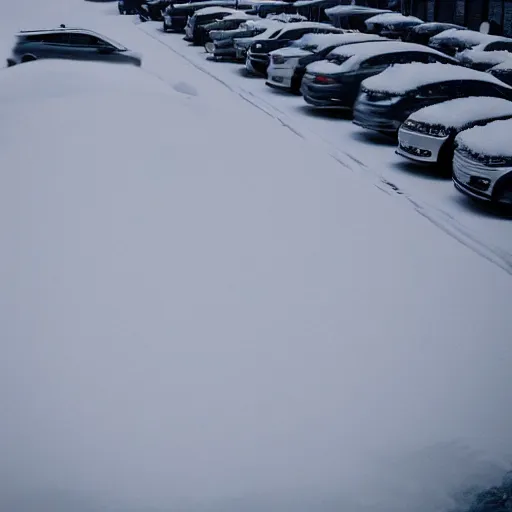 Image similar to an isometric view of a snowy parking lot, one lone car, film still, cinematic