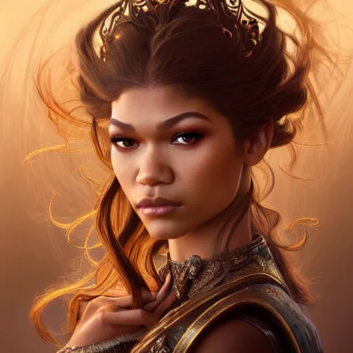 Image similar to Zendaya as a fantasy princess, D&D, fantasy, intricate, elegant, highly detailed, digital painting, artstation, concept art, matte, sharp focus, illustration, art by Artgerm and Greg Rutkowski and Alphonse Mucha