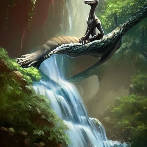 Image similar to beautiful photoshop commission of a slender dragon relaxing by a waterfall, digital painting, artstation, art by Jaime Jones