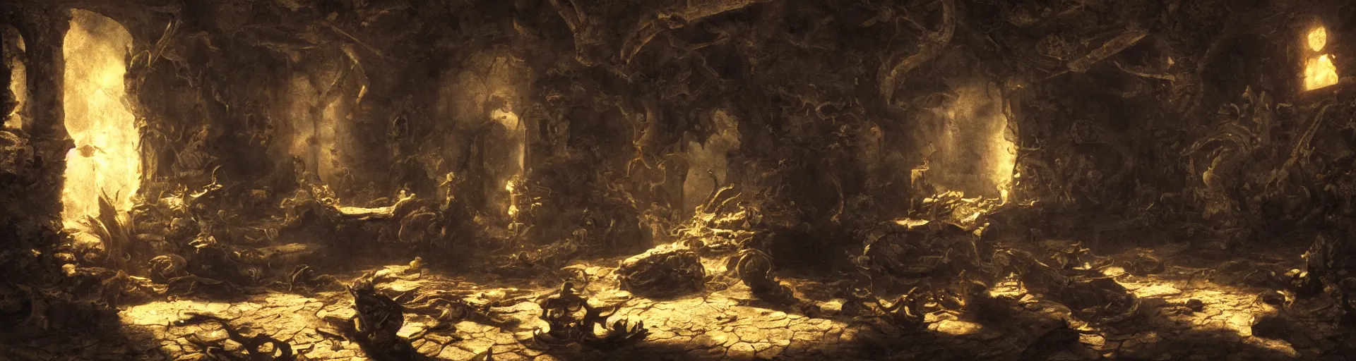 Image similar to A Dragon guards a horde of treasure in it's lair, shafts of sunlight appear from parts of the ruined interior. Chiaroscuro style painting. 4K.