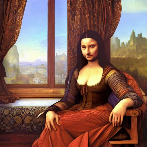 Image similar to Monalisa is sitting on her living room couch. She is dressed casually and is watching TV, Regal, Realistic, Refined, Detailed Digital Art, Josephine wall, Oil Painting, William-Adolphe Bouguereau, Art Frahm, Esao Andrews, Steampunk, Walt Disney (1937), Highly Detailed, Cinematic Lighting, Unreal Engine, 8k, HD