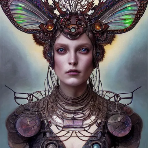 Prompt: realistic illustration of a beautiful rusted mechanical faerie queen with glowing eyes, moth wings with geometric patterns, reflective detailed textures, highly detailed dark fantasy science fiction painting by donato giancola and tom bagshaw and diego rivera and jean delville, silver and cool colors, artstation, octane render