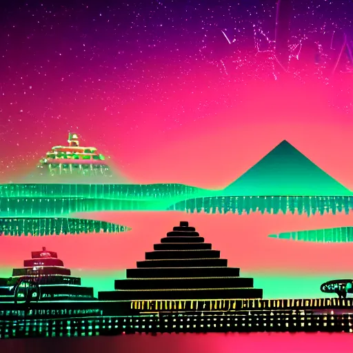 Prompt: cityscape full of mayan pyramids with neons and ufos in the sky viewed from a lake in retrowave style 4 k