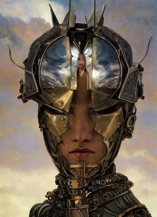 Prompt: symmetry!!! closeup portrait of a biblical diabolical wild hunter girl, fashon golden cyborg armor, in clouds, strong studio lights, thunder, rain! storm, sunset, by gerald brom, by mikhail vrubel, by peter elson, high contrast, muted colors, extreme detail, mirrors, trending on artstation, 8 k