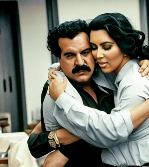 Image similar to Pablo Escobar hugging kim kardashian in a mafia office