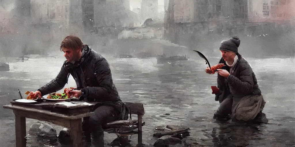 Image similar to journalist in oslo eating a trout, art by greg rutkowski