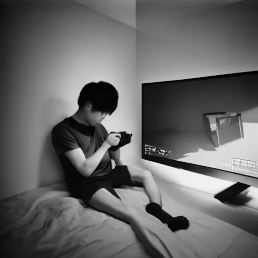 Image similar to hyperralism photography of detailed kim chen playing xbox in basement bedroom by araki hobuyoshi