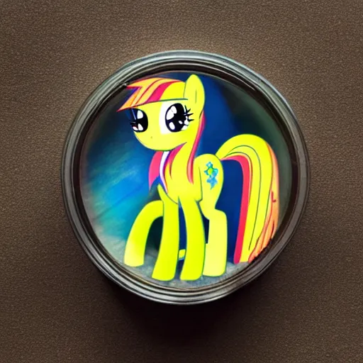 Image similar to a my little pony figure in a jar covered in a mysterious sticky yellowish fluid